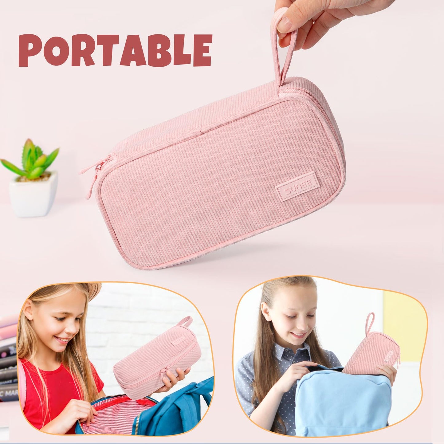 SUNEE Cute Pencil Case, Soft Corduroy Large Capacity Pencil Pouch, Aesthetic Zipper Pencil Bag, Big Storage Pen Organizer for Stationery, Pencil Box Back to School Supplies for Teen Girls Boys, Beige