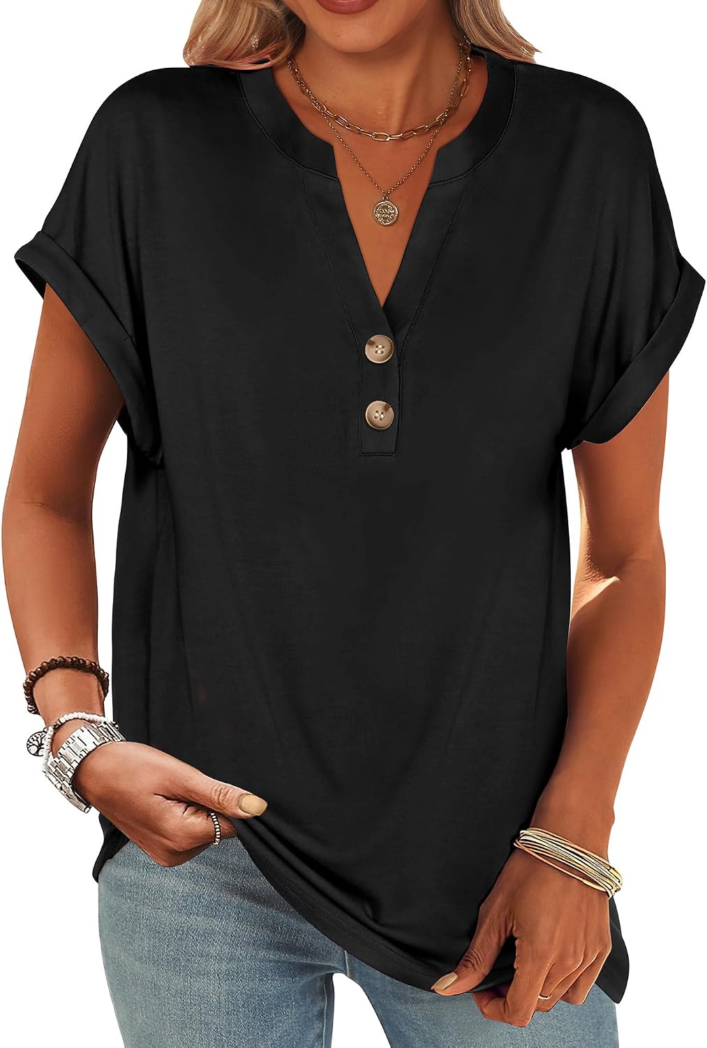 ANRABESS Womens Short Sleeve Henley Tops Summer Shirts Dressy Casual Blouse
