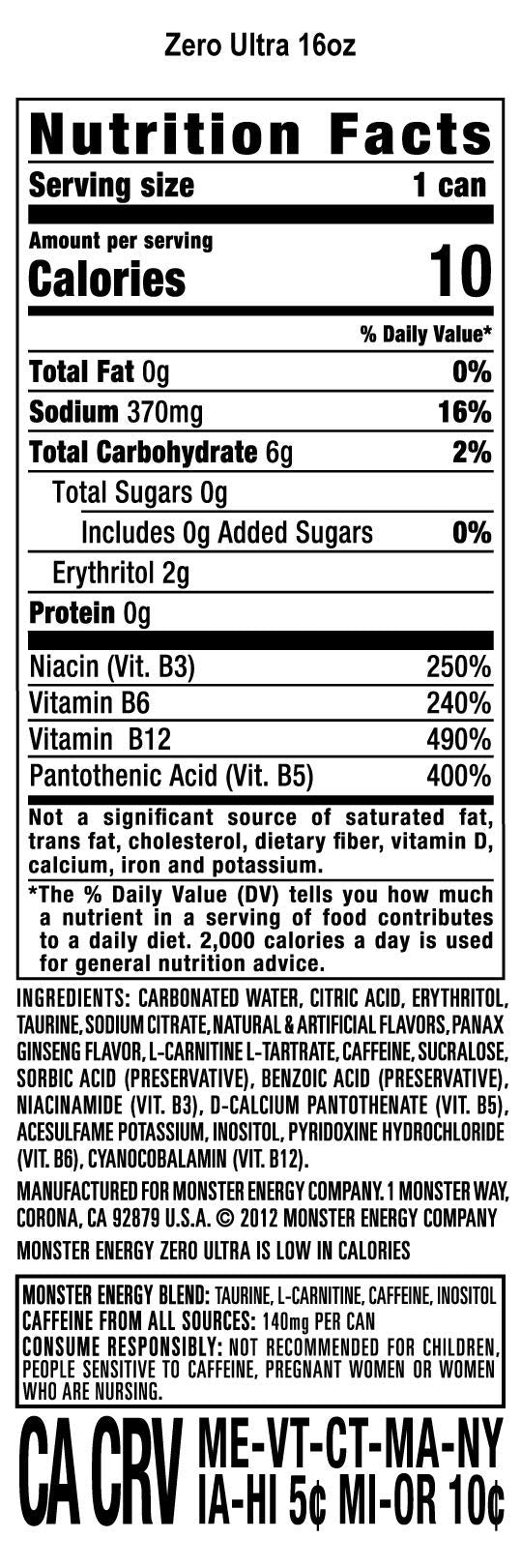 Monster Energy Zero Ultra, Sugar Free Energy Drink, 16 Ounce
