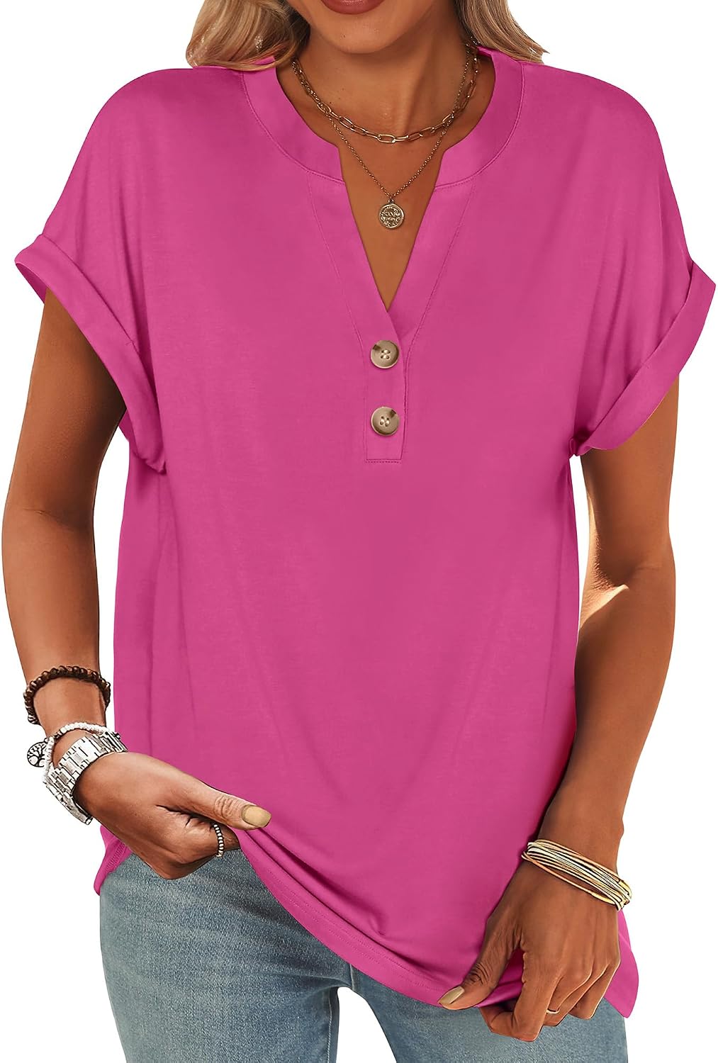 ANRABESS Womens Short Sleeve Henley Tops Summer Shirts Dressy Casual Blouse