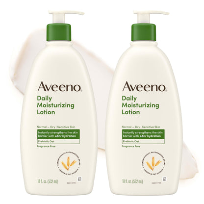 Aveeno Daily Moisturizing Body Lotion for Normal to Dry Skin, Moisturizer with Soothing Prebiotic Oat, Non Greasy, Non Comedogenic, Fragrance Free Body Lotion for Women & Men, 18 Fl Oz