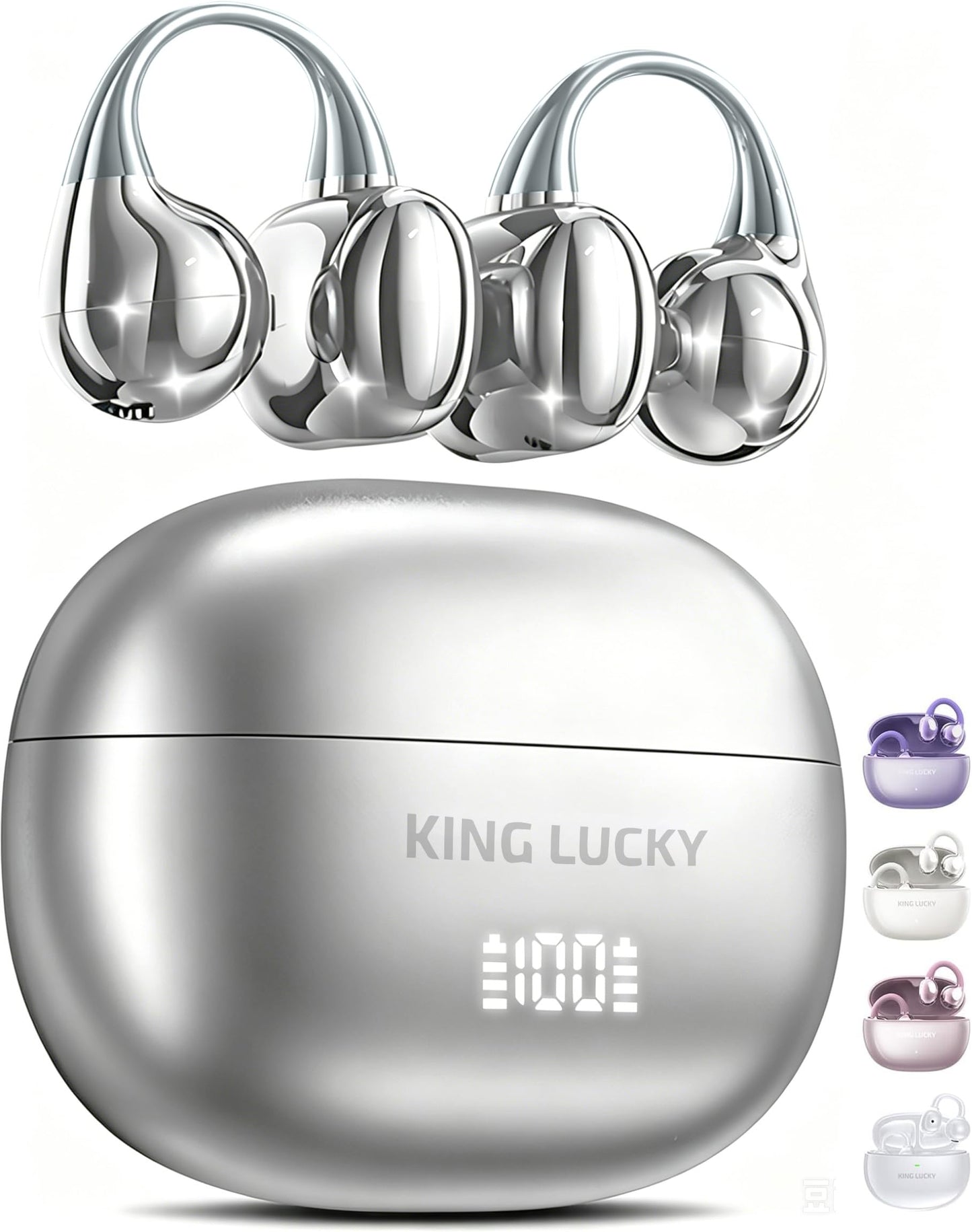 King Lucky Clip-On Earbuds Gen 3, Open-Ear Wireless Bluetooth 6.0 Headphones with Mic, Secure Fit for Small Ears & Glasses Wearers, 50H Playtime, ENC, IPX5 Waterproof Sport Ear Buds (Purple)