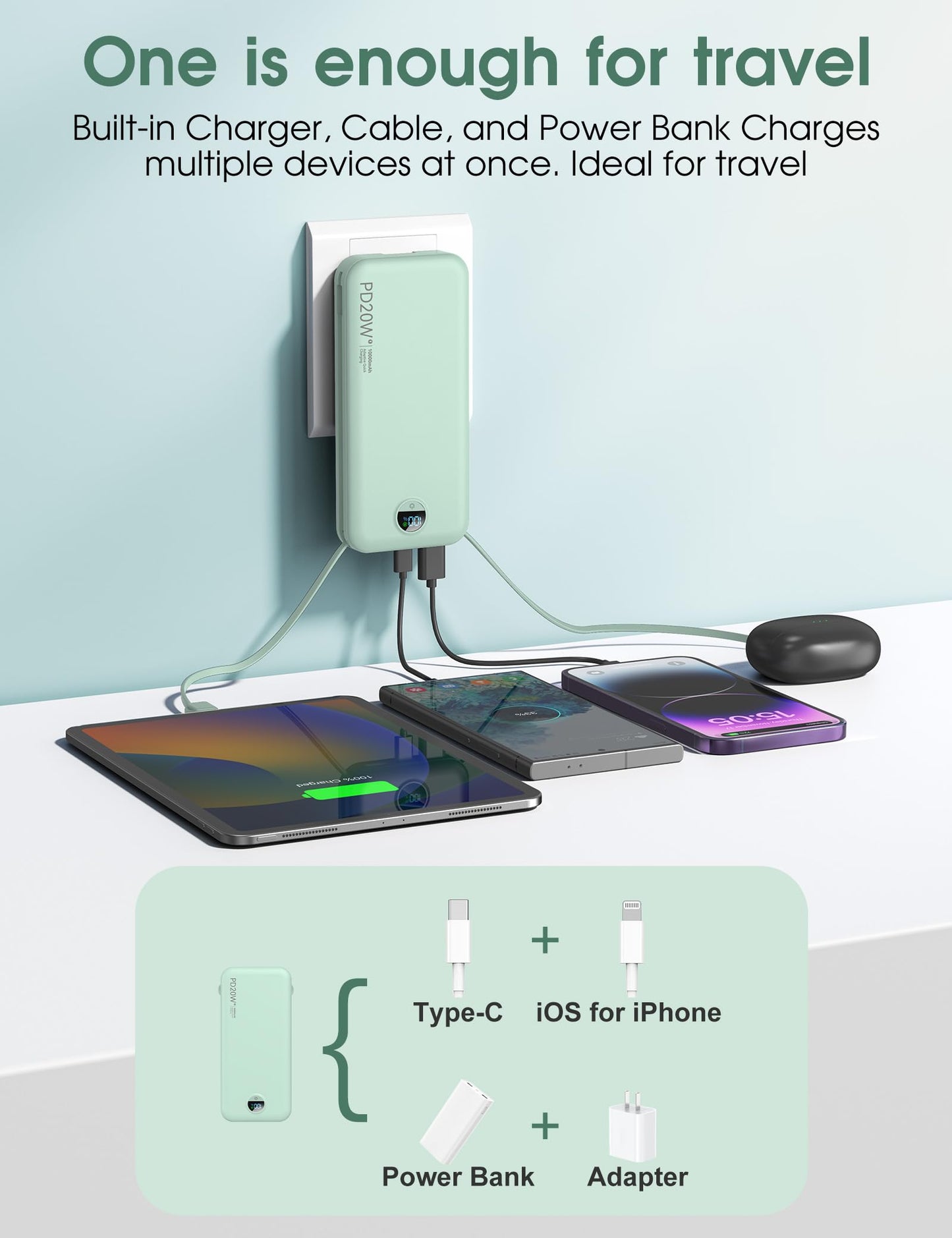 citicr Portable Charger 10000mAh PD20W w/Built-in Cables & Wall Plug White