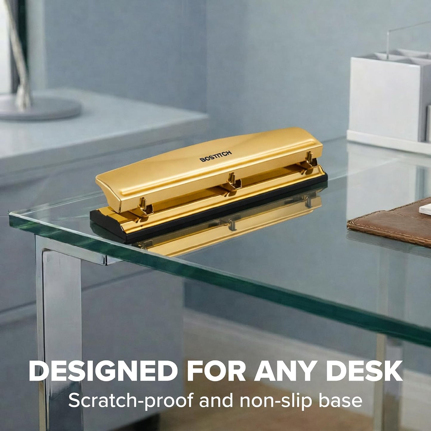 Bostitch Office Premium 3 Hole Punch, 12 Sheet Capacity, Metal, Rubber Base, Easy-Clean Tray, Silver