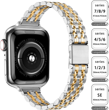QUNDAXI Slim Watch Band Compatible with Apple Watch 41mm 45mm 42mm 44mm 40mm 38mm Metal Stainless Steel Watchband Suitable for iWatch 11/10/9/8/7/6/5/4/3/2/1/SE Series Women Luxury Strap