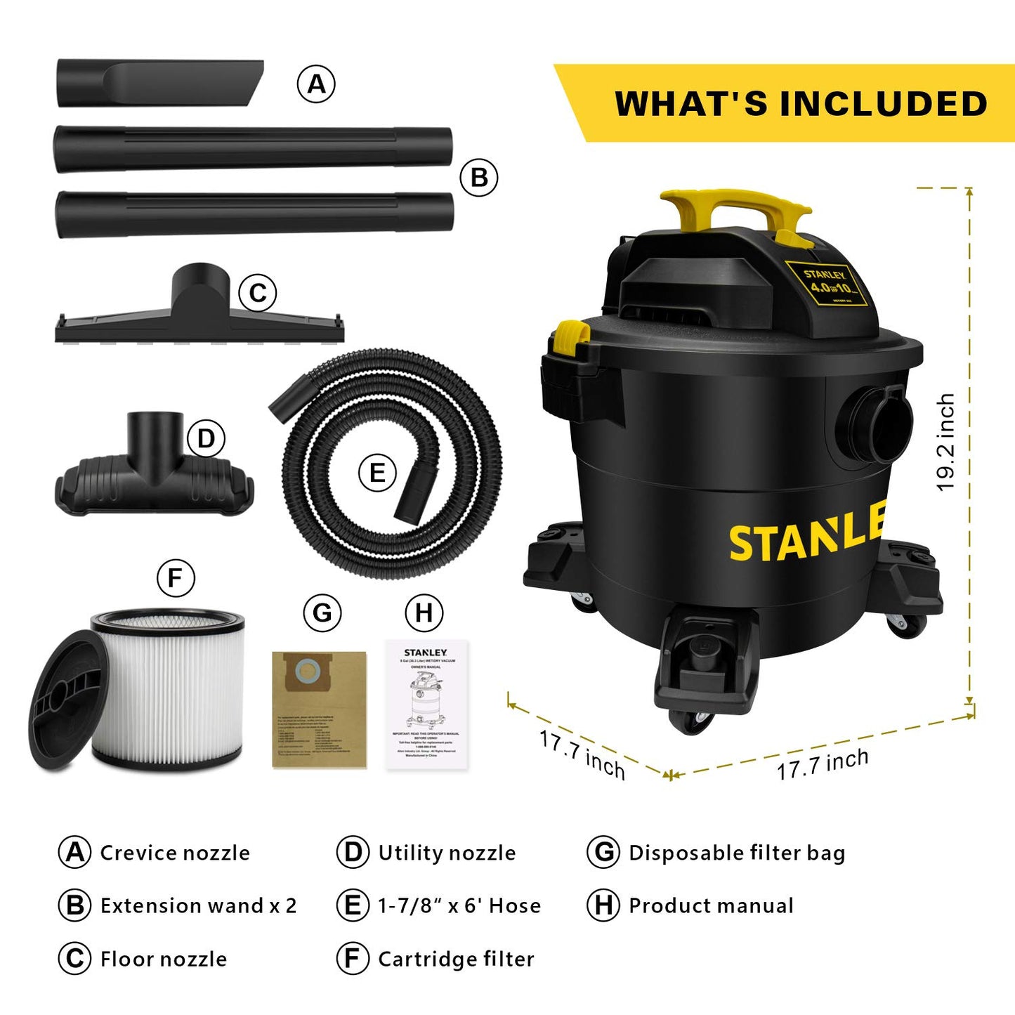 STANLEY Shop Vac SL18115P, 5 Gallon Peak 4 Horsepower Wet Dry Vacuums, Blower 3 in 1 Functions 15 Feet Cleaning Range for Garage, Carpet Clean, Shop Cleaning, Car Detailing with Attachments