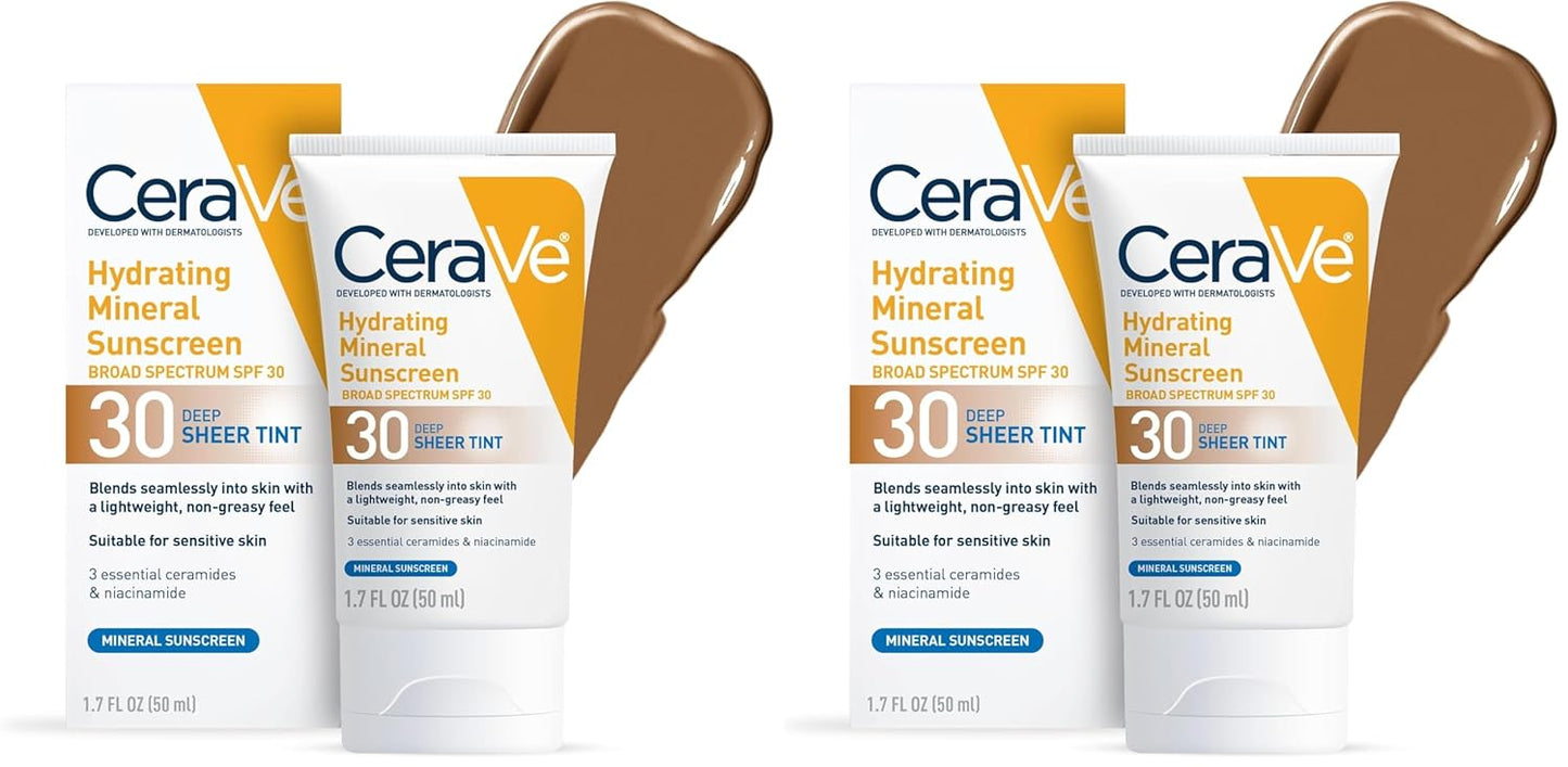 CeraVe Tinted Sunscreen for Face, Mineral SPF 30 Moisturizer, Deep, 1.7oz