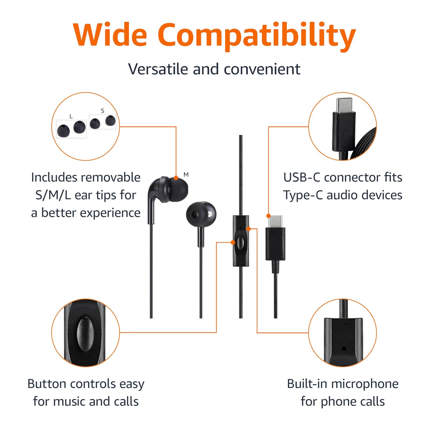 Amazon Basics Wired Earbuds with Microphone, In-Ear Headphones, 3.5mm Jack, High Definition Sound, Secure Fit, 4.2 ft Cable, S/M/L Ear Tips, Black