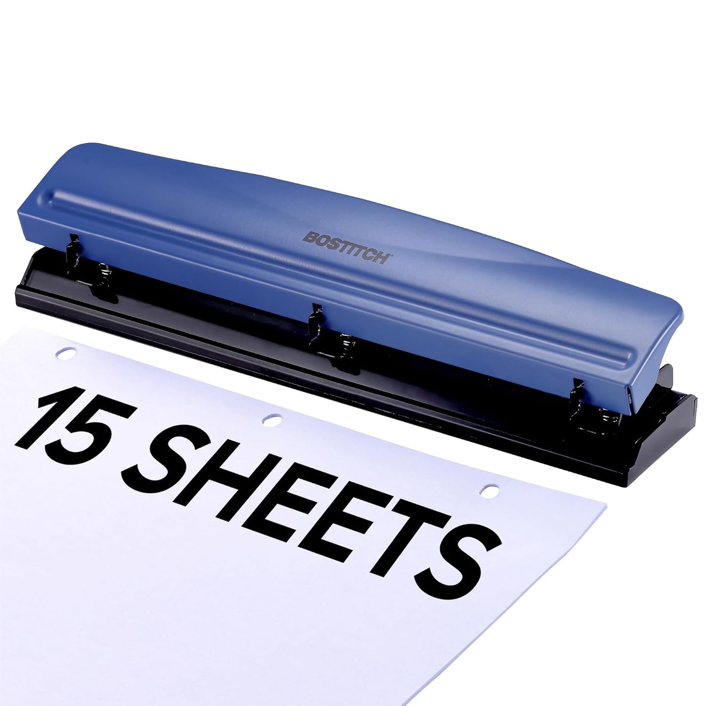 Bostitch Office Premium 3 Hole Punch, 12 Sheet Capacity, Metal, Rubber Base, Easy-Clean Tray, Silver