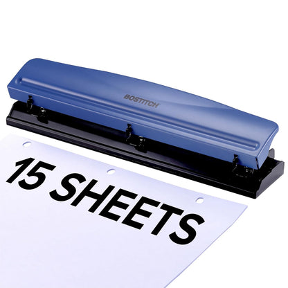 Bostitch Office Premium 3 Hole Punch, 12 Sheet Capacity, Metal, Rubber Base, Easy-Clean Tray, Silver
