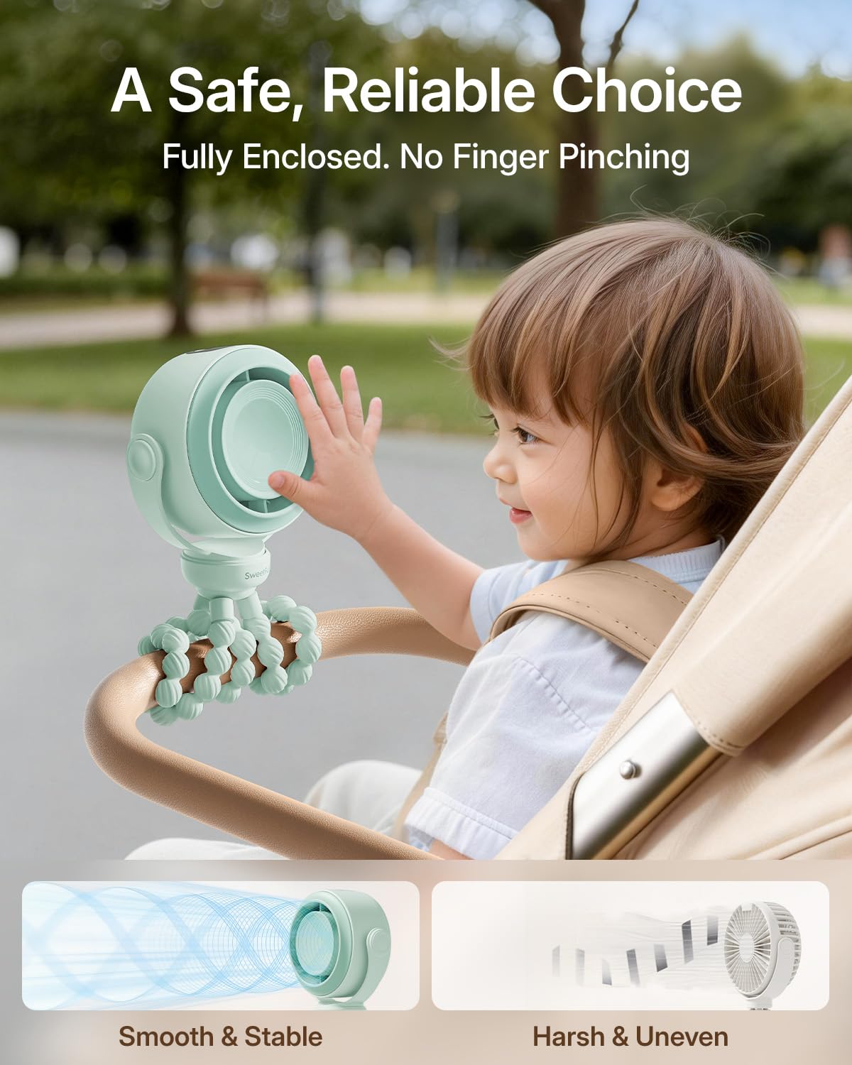 SWEETFULL Portable Stroller Fan, Pinch-Proof Baby Fan - Cream
