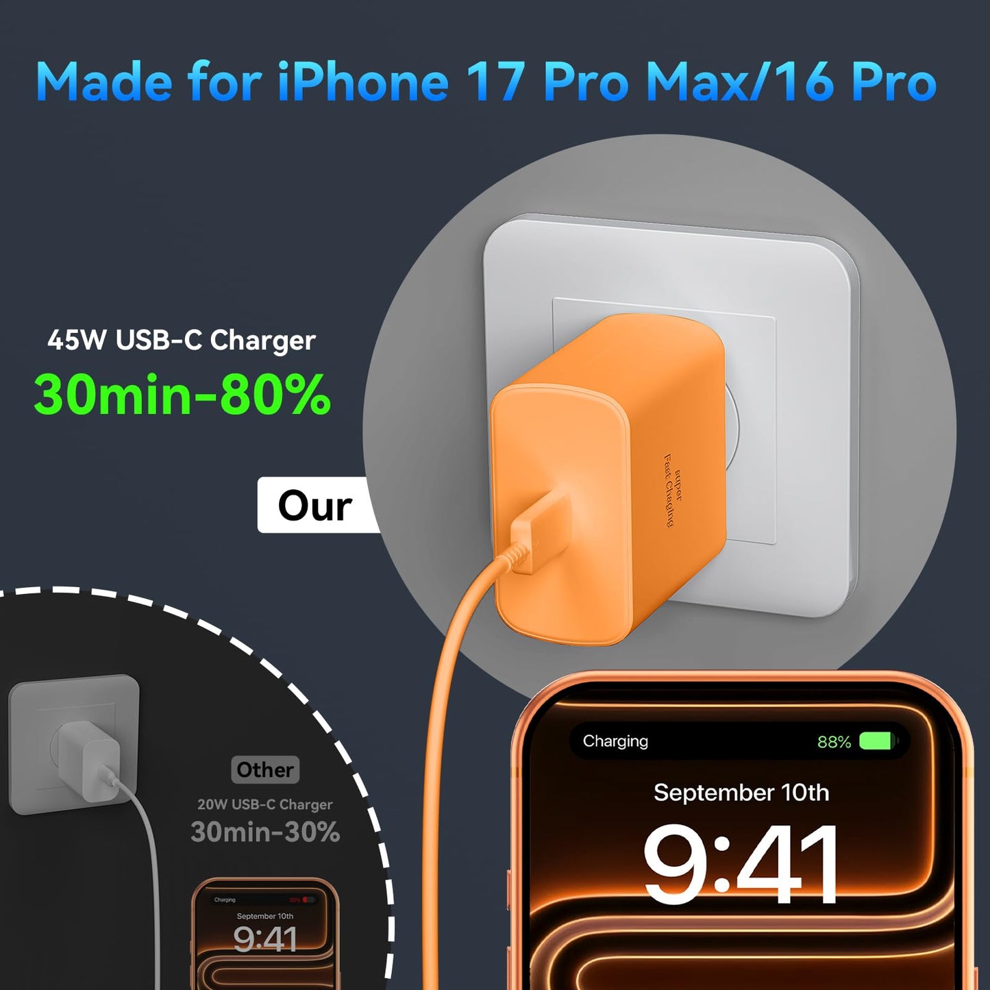 Phone 17 16 Pro Max Charger Fast Charging, 45W Super Fast USB C Charger Block with 10FT Long Charging Cord Cable for 17 16 Pro Max/17 16/16 Plus,15 Pro Max/15 Pro/15, Android Phone-Black