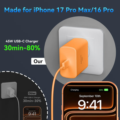 Phone 17 16 Pro Max Charger Fast Charging, 45W Super Fast USB C Charger Block with 10FT Long Charging Cord Cable for 17 16 Pro Max/17 16/16 Plus,15 Pro Max/15 Pro/15, Android Phone-Black