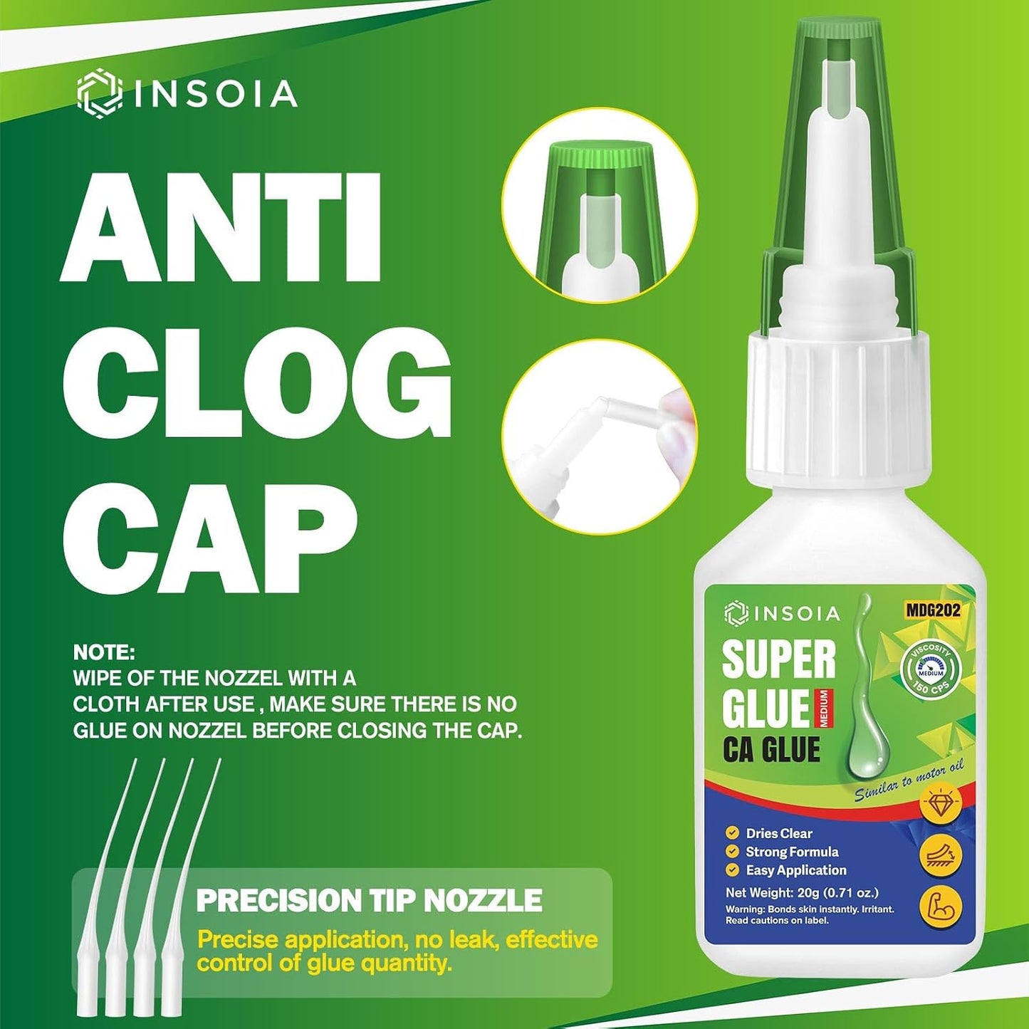 INSOIA Super Medium CA Glue, 20g, Strong Bond, with Precision Tips
