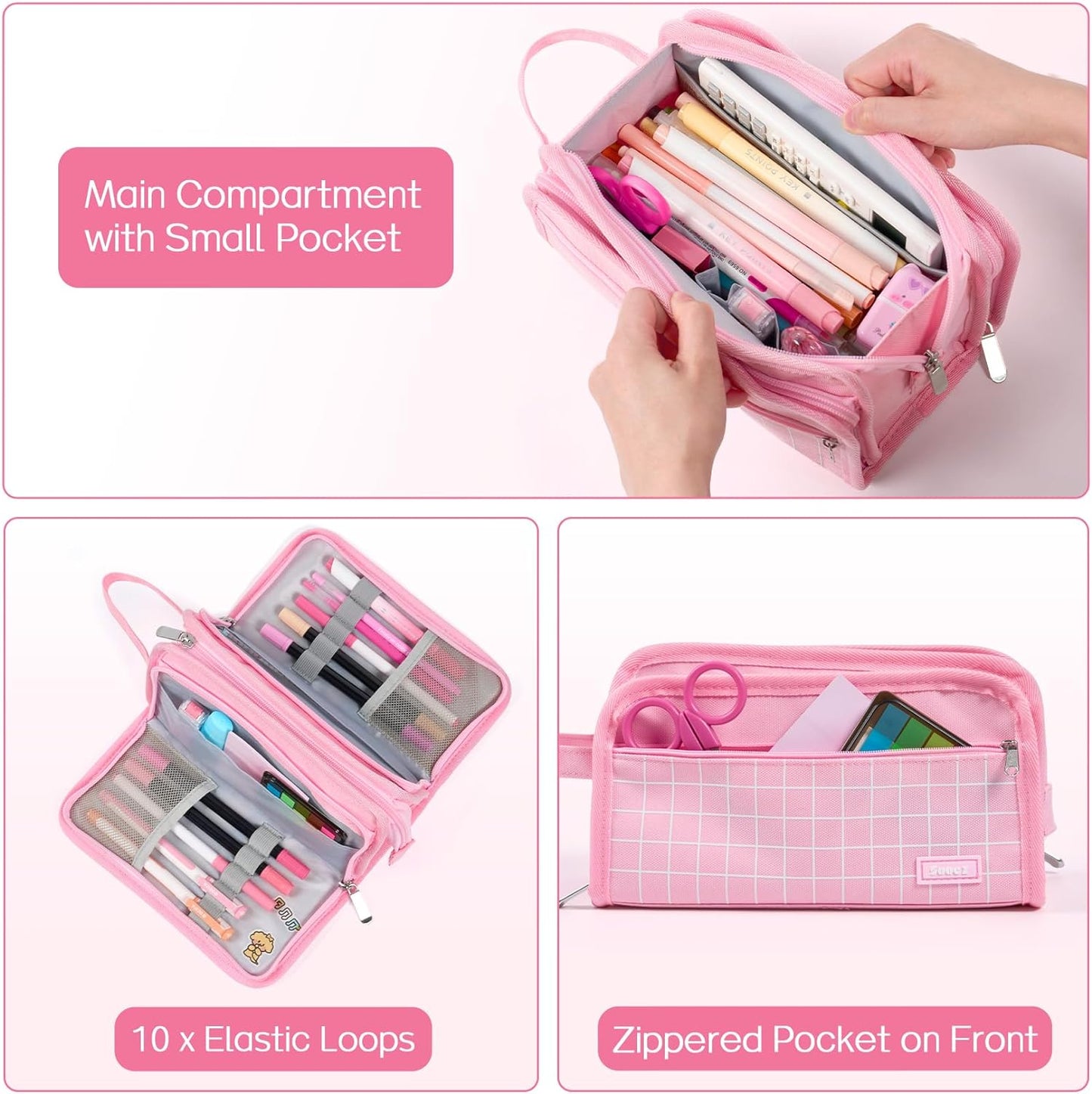 Sooez Large Pencil Case, Pencil Pouch, Pencil Bag, Pencil Box, Pink & Plaid