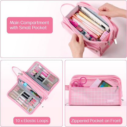 Sooez Large Pencil Case, Pencil Pouch, Pencil Bag, Pencil Box, Pink & Plaid