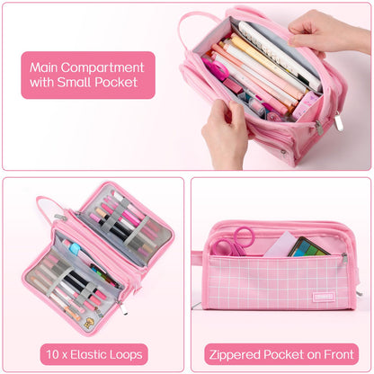 Sooez Large Pencil Case, Pencil Pouch, Pencil Bag, Pencil Box, Pink & Plaid