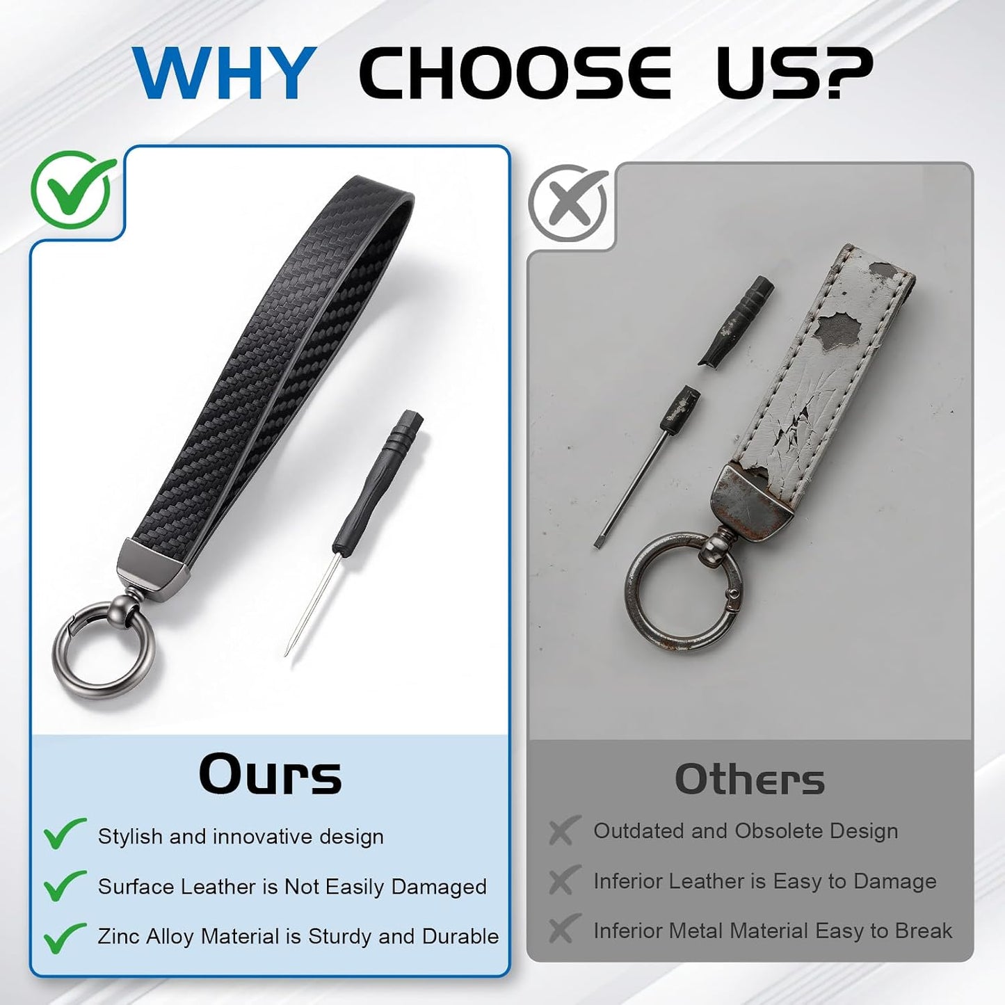 JUSTTOP Leather Keychain, Carbon Fiber Car Key Chain with Anti-Lost D-Ring and 2 Key Ring, Keychain Wristlet, Car Accessories, Universal Keychain for Men and Women (Black)