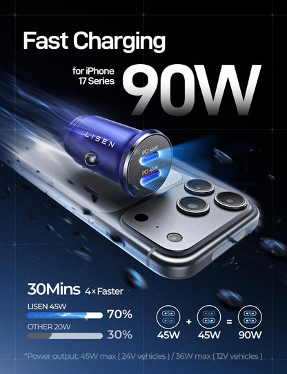 LISEN 90W USB C Car Charger USB C Fast Charge, 45W PD&QC 3.0 Fast Car Charger