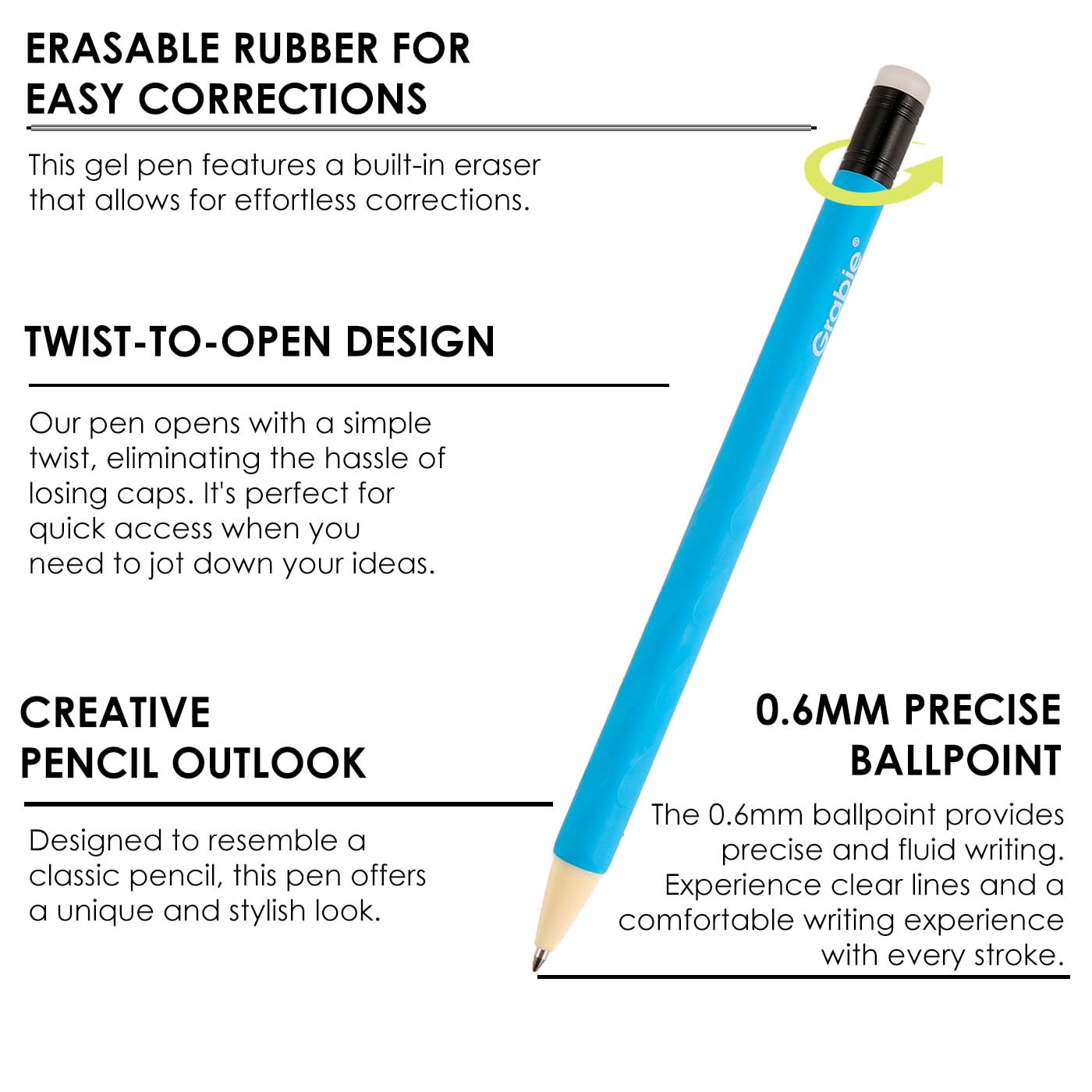 Grabie Erasable Gel Pens, 9 Medium Point 0.7 mm Pens, Classic