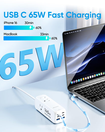 Olcorife Flat Plug Power Strip with 5 FT Extension Cord, 6 Outlets 3 USB Ports(1 USB C), 3 Sided Outlet Extender for Home Office Travel Dorm Room Essentials, White