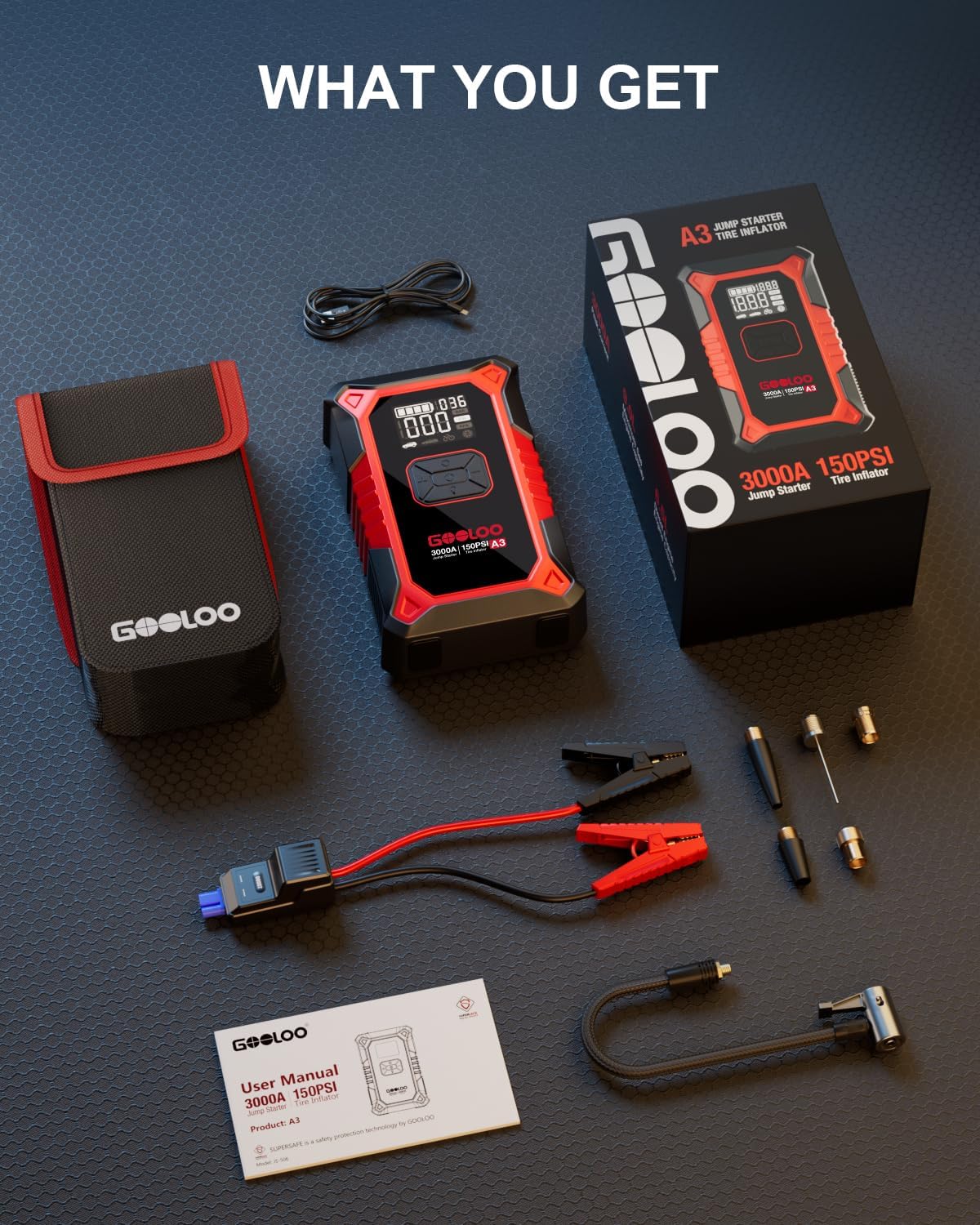 GOOLOO A3 12V 3000A Portable Jump Starter with Air Compressor