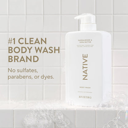 Native Clean Body Wash, Gentle & pH-balanced for Sensitive Skin, 24-Hr Freshness for Women & Men, Vegan & Cruelty-Free, Free of Sulfates, Parabens & Phthalates, Sandalwood & Shea Butter, 36 oz