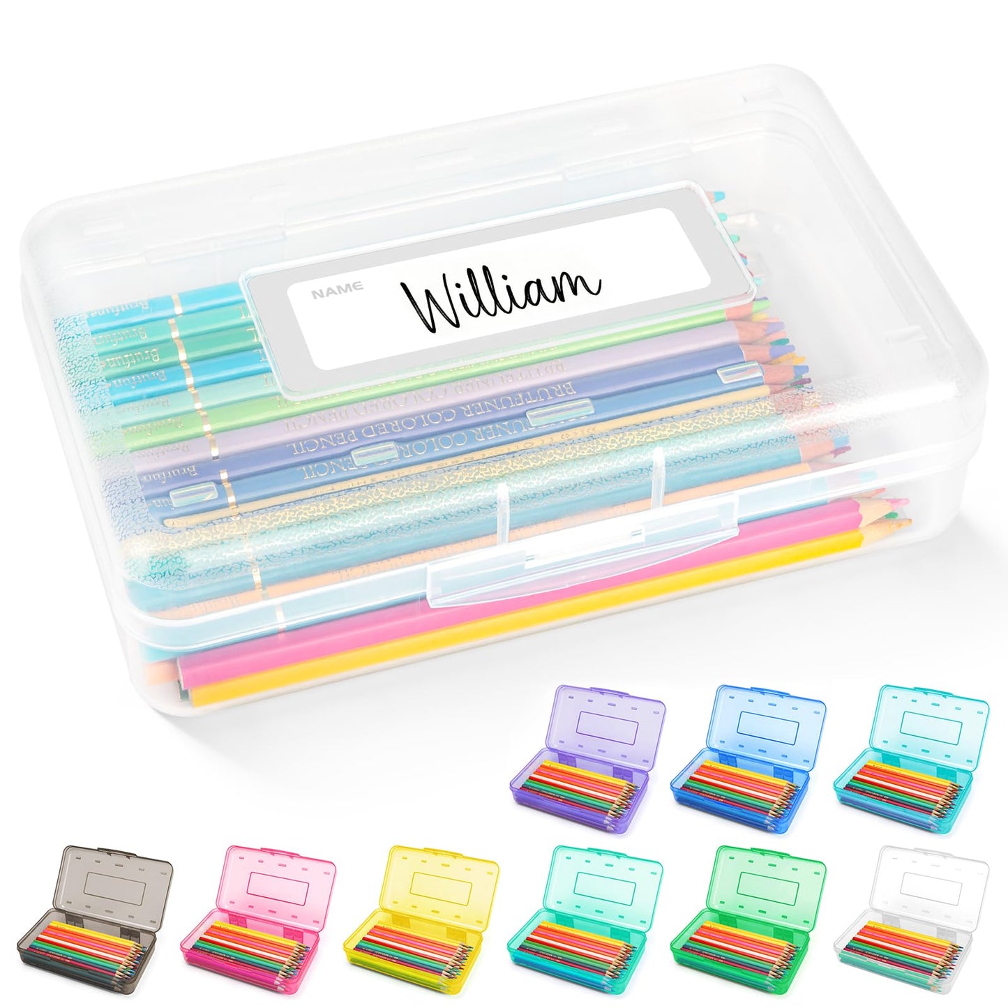 Clear Plastic Hard Pencil box Case with Personalized Sticker for Girl Boy