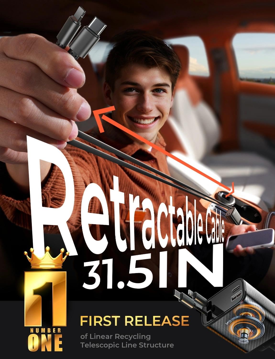 LISEN Retractable Car Charger, 84W Car Charger USB C Fast Charge, 4 in 1