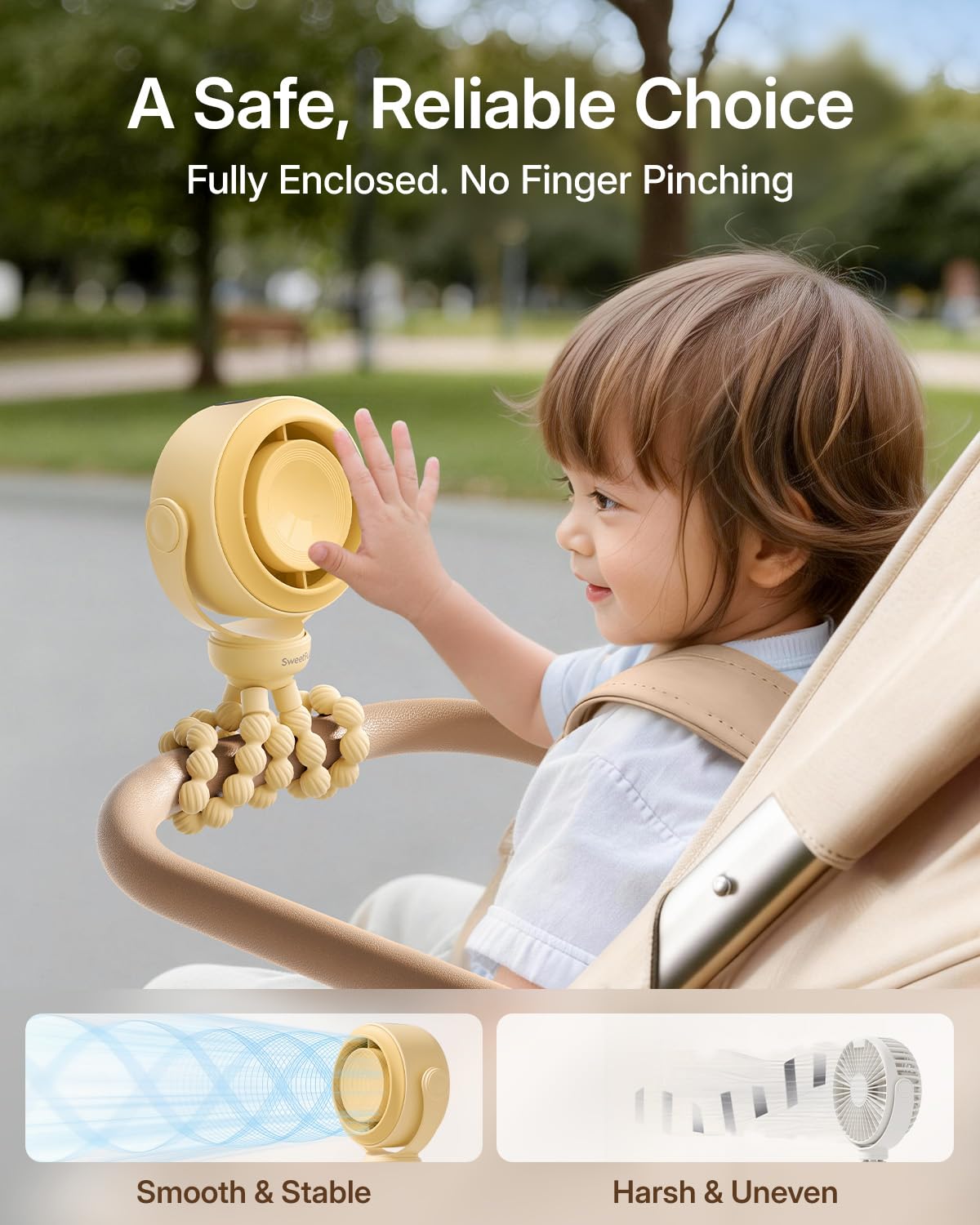 SWEETFULL Portable Stroller Fan, Pinch-Proof Baby Fan - Cream