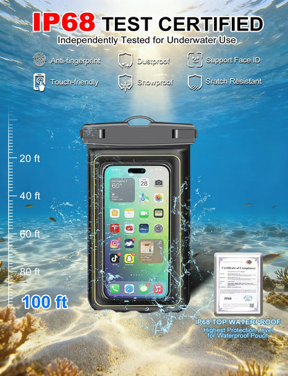 Waterproof Phone Pouch,2 Pack Black White Phone Waterproof Case,Cell Phone Dry Bag,Protection Level: IP68,Beach Cruise for Apple iPhone,Samsung,and More,Lanyard Included,(Fits Up to 8.3”),Black,White