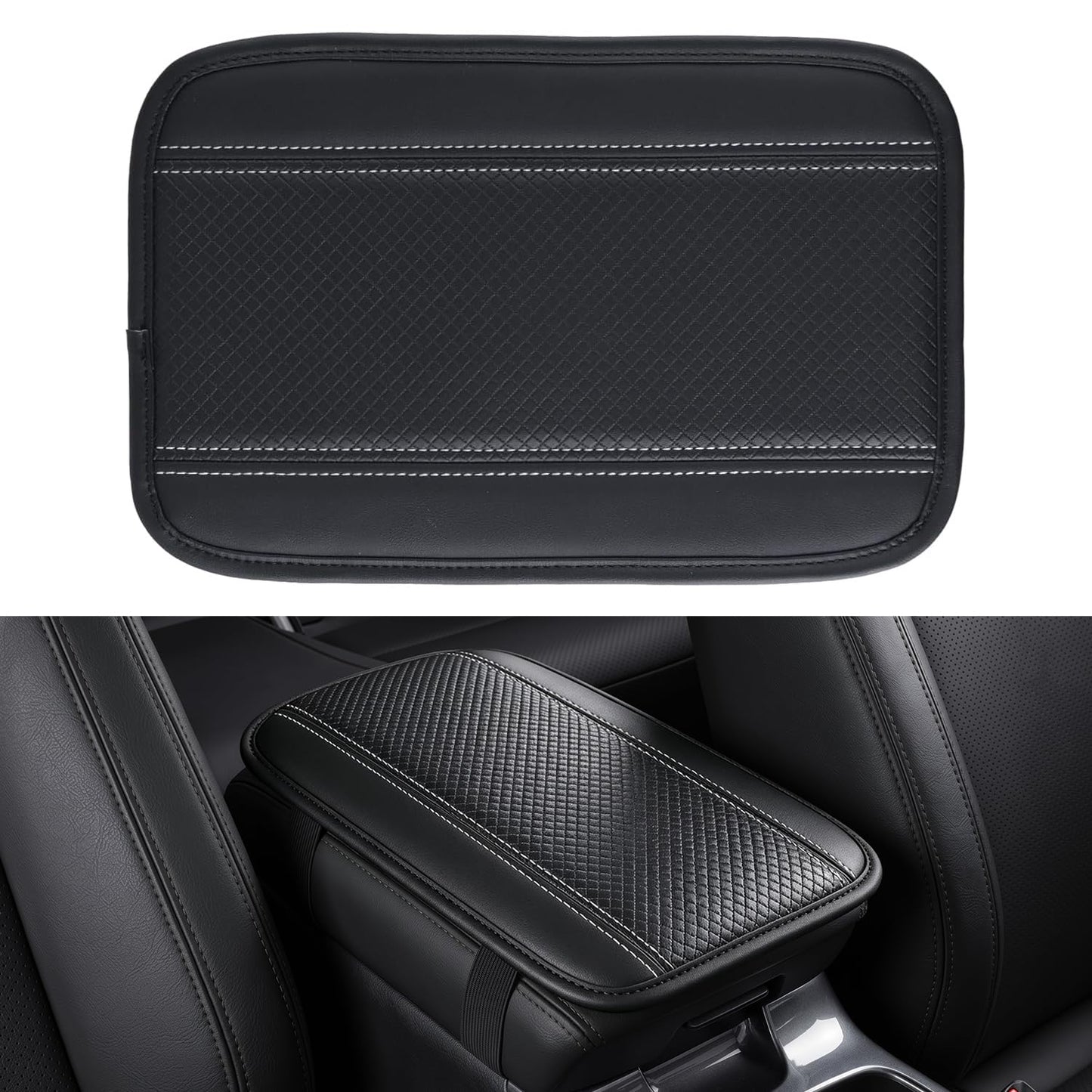 Amiss Car Center Console Cover, Upgraded Leather Car Armrest Cushion with 2 Storage Pockets, Universal Waterproof Cushion Pad, Non-Slip Car Interior Accessories, Fits Most Sedans SUVs Trucks (Black)