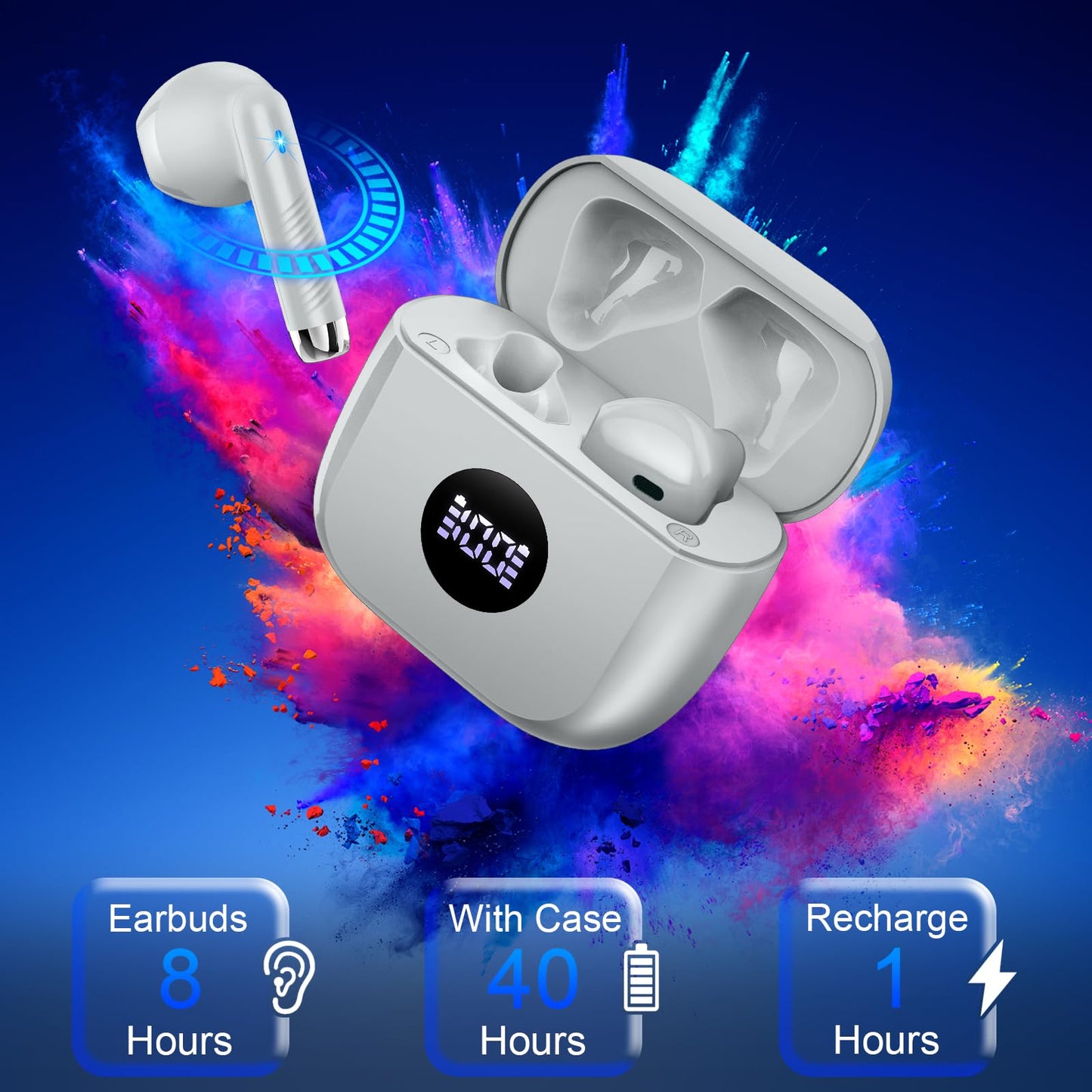 Wireless Earbuds, Bluetooth 5.4 Ear Buds, LED Power Display, 6D Bass Stereo