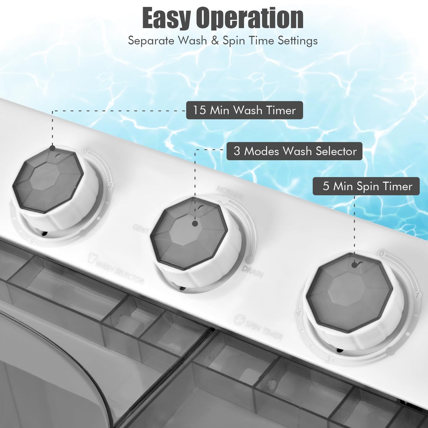 COSTWAY Portable Washing Machine, Twin Tub 26lbs Capacity Laundry Washer, 18lbs Washer and 8lbs Spinner Combo with Timer Knobs, Built-in Drain Pump, Compact Washer for Home Dorm Apartment, Blue+White