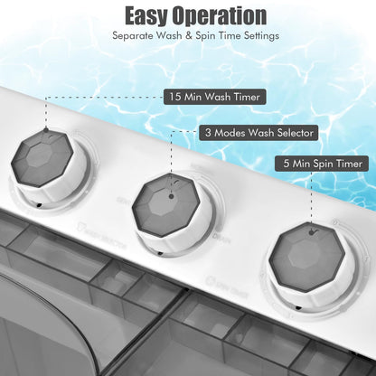 COSTWAY Portable Washing Machine, Twin Tub 26lbs Capacity Laundry Washer, 18lbs Washer and 8lbs Spinner Combo with Timer Knobs, Built-in Drain Pump, Compact Washer for Home Dorm Apartment, Blue+White