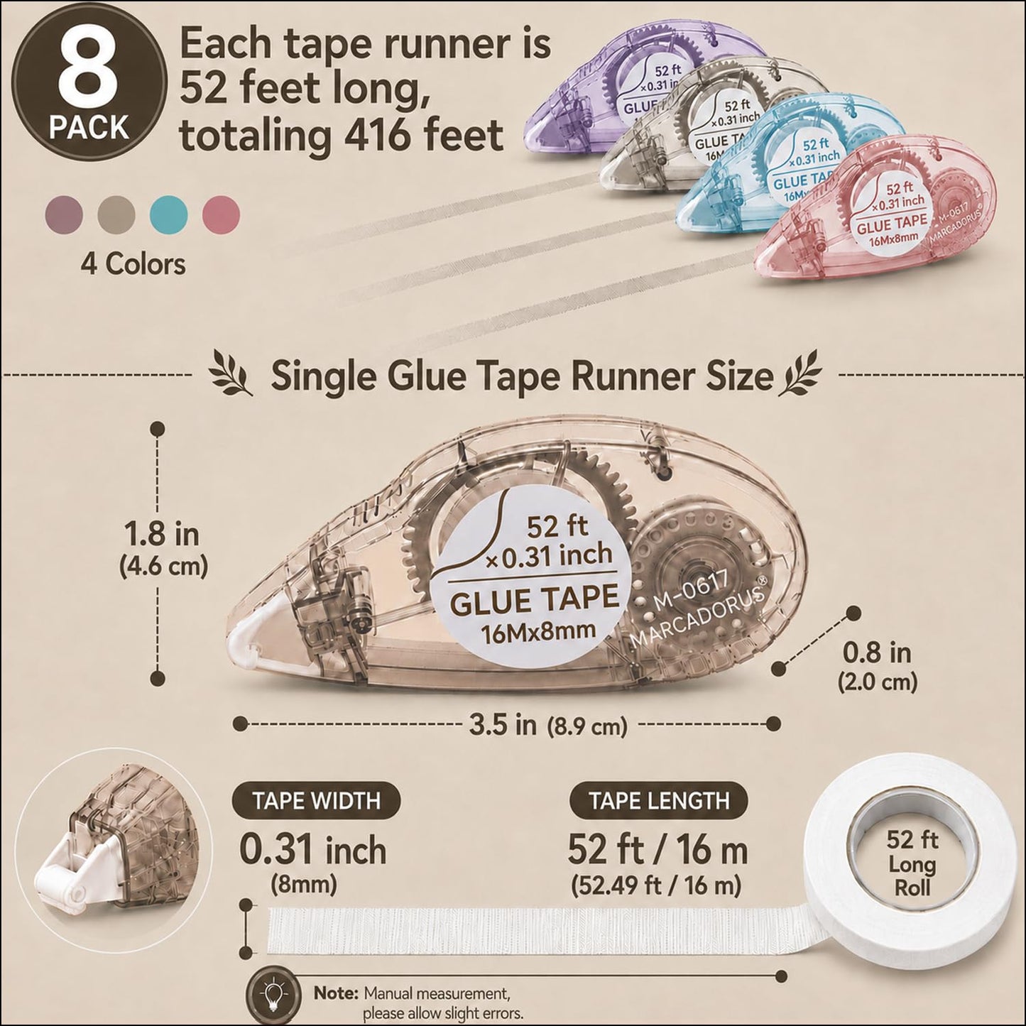 MARCADORUS Glue Tape for Scrapbooking, Double Sided Tape Roller 106Ft Total