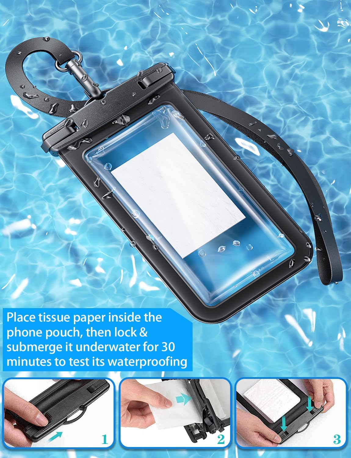 Waterproof Phone Pouch,2 Pack Black White Phone Waterproof Case,Cell Phone Dry Bag,Protection Level: IP68,Beach Cruise for Apple iPhone,Samsung,and More,Lanyard Included,(Fits Up to 8.3”),Black,White