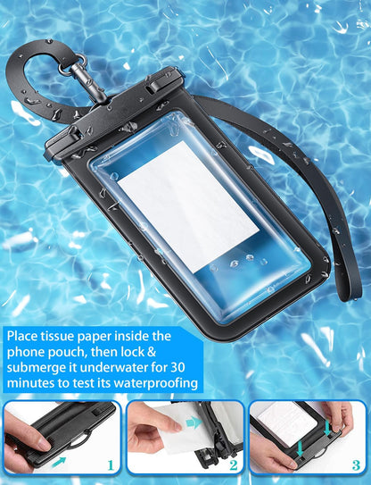 Waterproof Phone Pouch,2 Pack Black White Phone Waterproof Case,Cell Phone Dry Bag,Protection Level: IP68,Beach Cruise for Apple iPhone,Samsung,and More,Lanyard Included,(Fits Up to 8.3”),Black,White
