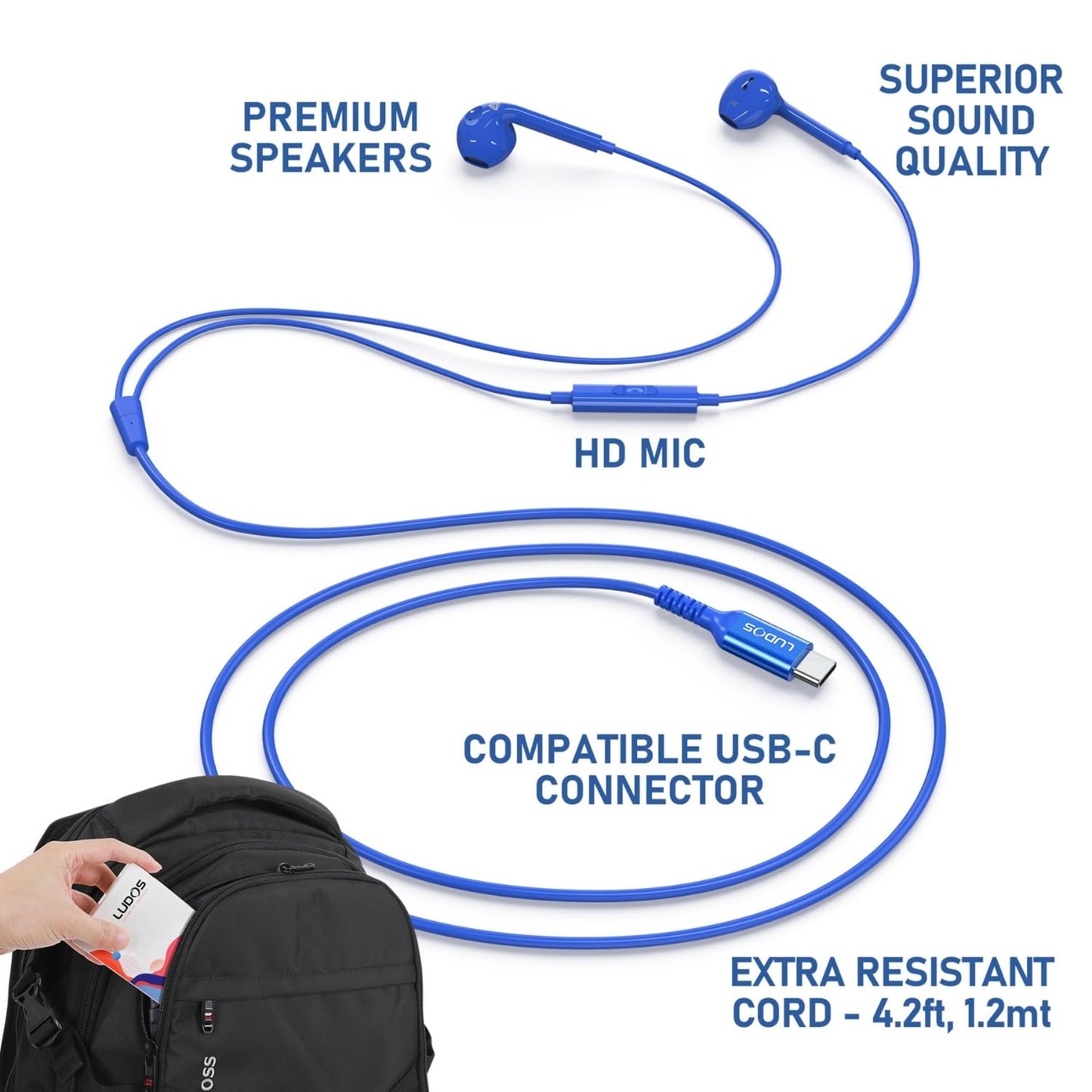 LUDOS Zenith USB C Headphones for iPhone 17 16 15 Pro Max Plus Air iPad Pro Air, 5 Years Warranty, USB-C Earbuds for Samsung Galaxy S24 S23 Ultra S22 S21 S20 A55 A54 A53, USB Type C Earphones - White