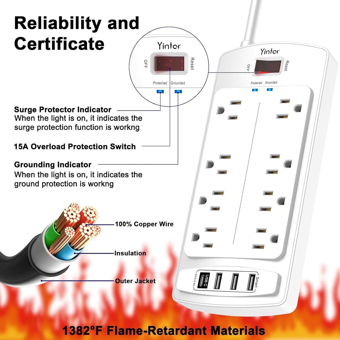 Yintar 6Ft Surge Protector Power Strip with 8 Outlets and 4 USB Ports