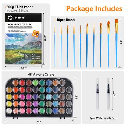 Artecho 48 Colors Watercolor Paint Set, 3 Brushes