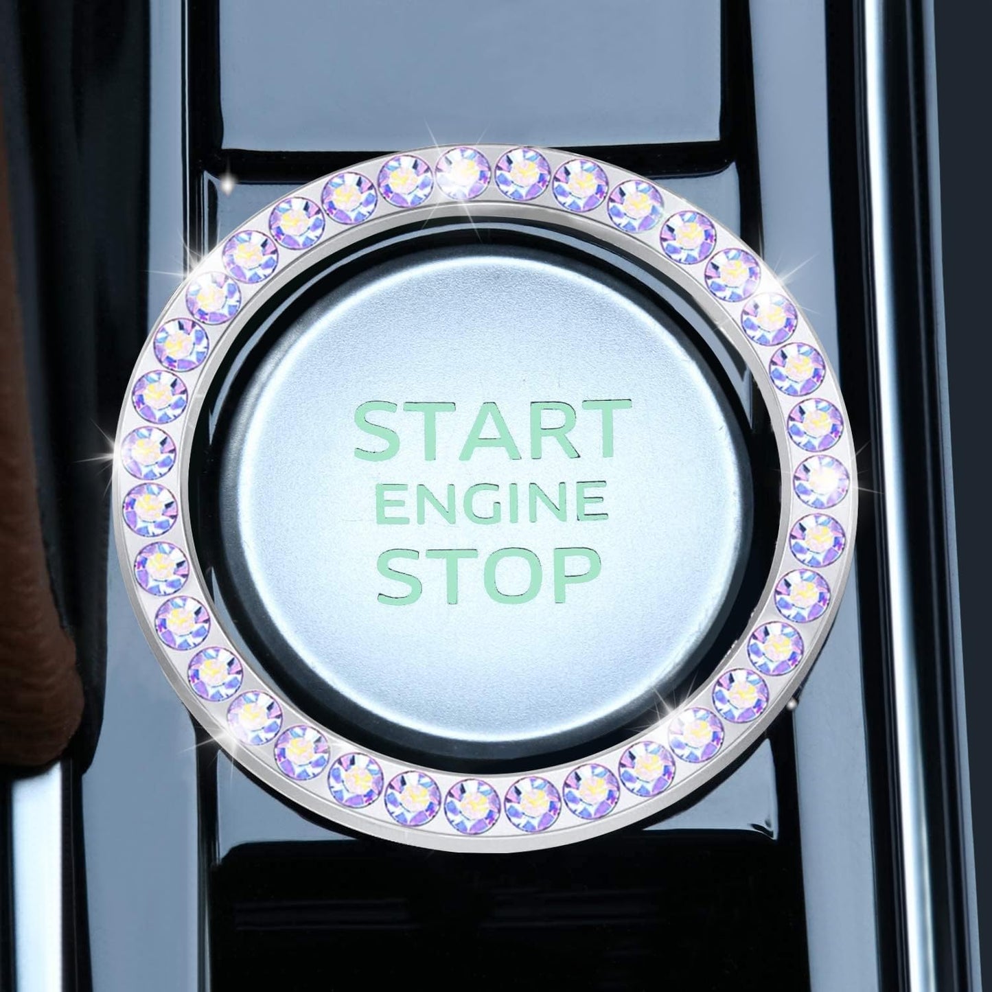 LivTee 2 PCS Crystal Double Rhinestone Car Engine Start Stop Decoration Ring, Bling Car Interior Accessories for Women, Push to Start Button Cover Sticker, Automotive Decals, Light Green