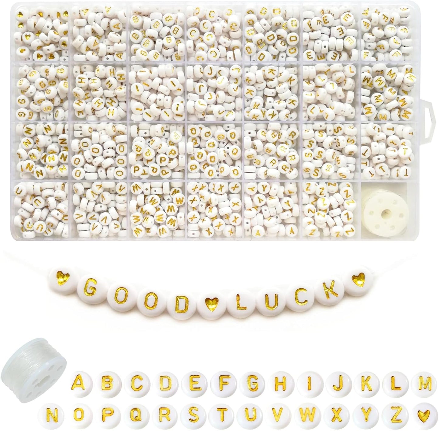 Looconi 810pcs Gold Letter Beads Square 6x6mm White Cube Acrylic Alphabet A-Z with Heart Pattern and Crystal Line for Jewelry Making