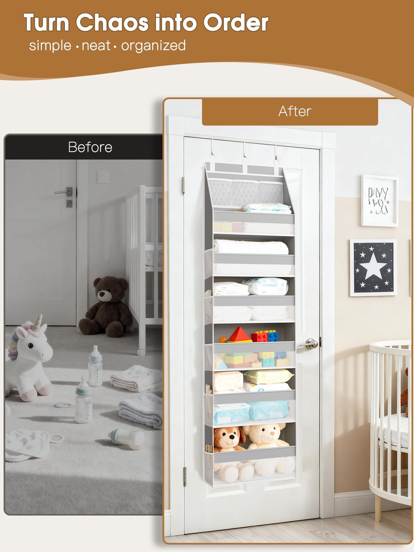 Criusia Over the Door Organizer, Heavy-Duty 6-Shelf Hanging Storage with 13 Mesh Pockets, 55lbs Capacity Behind the Door Storage for Nursery, Bathroom, Bedroom, and Dorm, White
