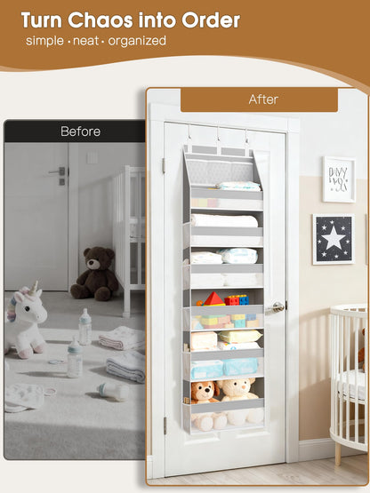 Criusia Over the Door Organizer, Heavy-Duty 6-Shelf Hanging Storage with 13 Mesh Pockets, 55lbs Capacity Behind the Door Storage for Nursery, Bathroom, Bedroom, and Dorm, White