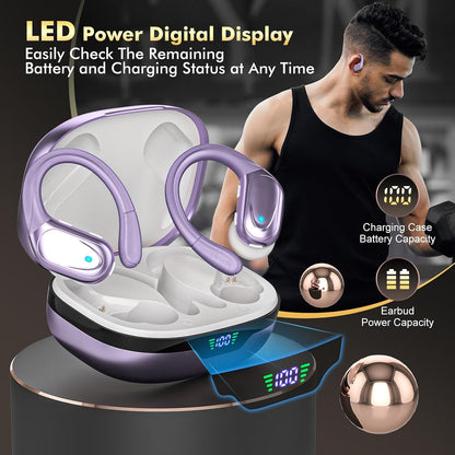 HAOYUYAN Wireless Earbuds, Sports Bluetooth Headphones, 80Hrs Playtime Ear Buds with LED Power Display, Noise Canceling Headset, IPX7 Waterproof Earphones for Workout/Running (Purple)