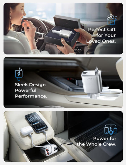 LISEN 72W Retractable Car Charger Ultra-Compact USBC Fast Car Charger