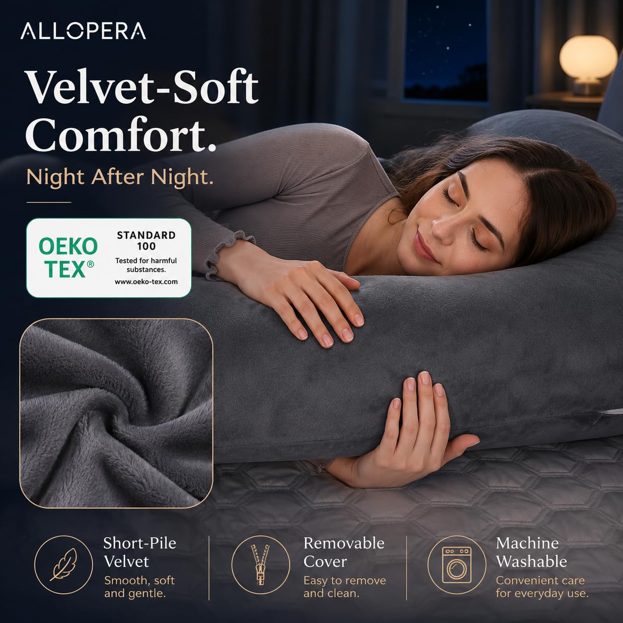 ALLOPERA Pregnancy Pillow, Full Body Maternity Pillow 57 inch, with Removable Washable Cover - Sleep Support for Legs, Back, Neck, Shoulder, HIPS, Belly, Velvet Cover-Grey-Dark Blue