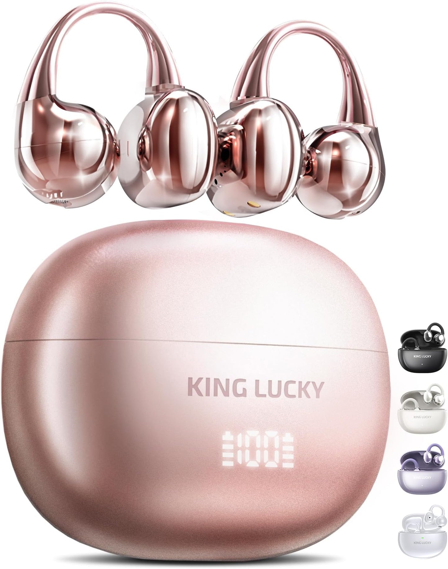 King Lucky Clip-On Earbuds Gen 3, Open-Ear Wireless Bluetooth 6.0 Headphones with Mic, Secure Fit for Small Ears & Glasses Wearers, 50H Playtime, ENC, IPX5 Waterproof Sport Ear Buds (Purple)