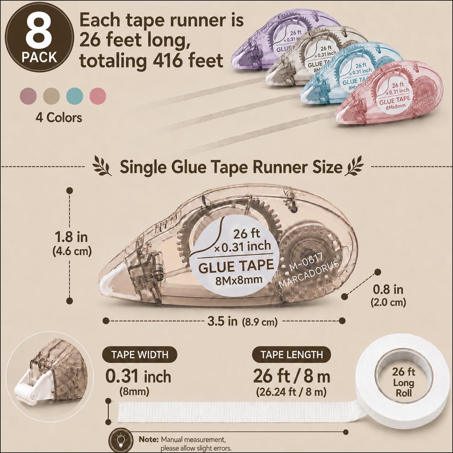 MARCADORUS Glue Tape for Scrapbooking, Double Sided Tape Roller 106Ft Total